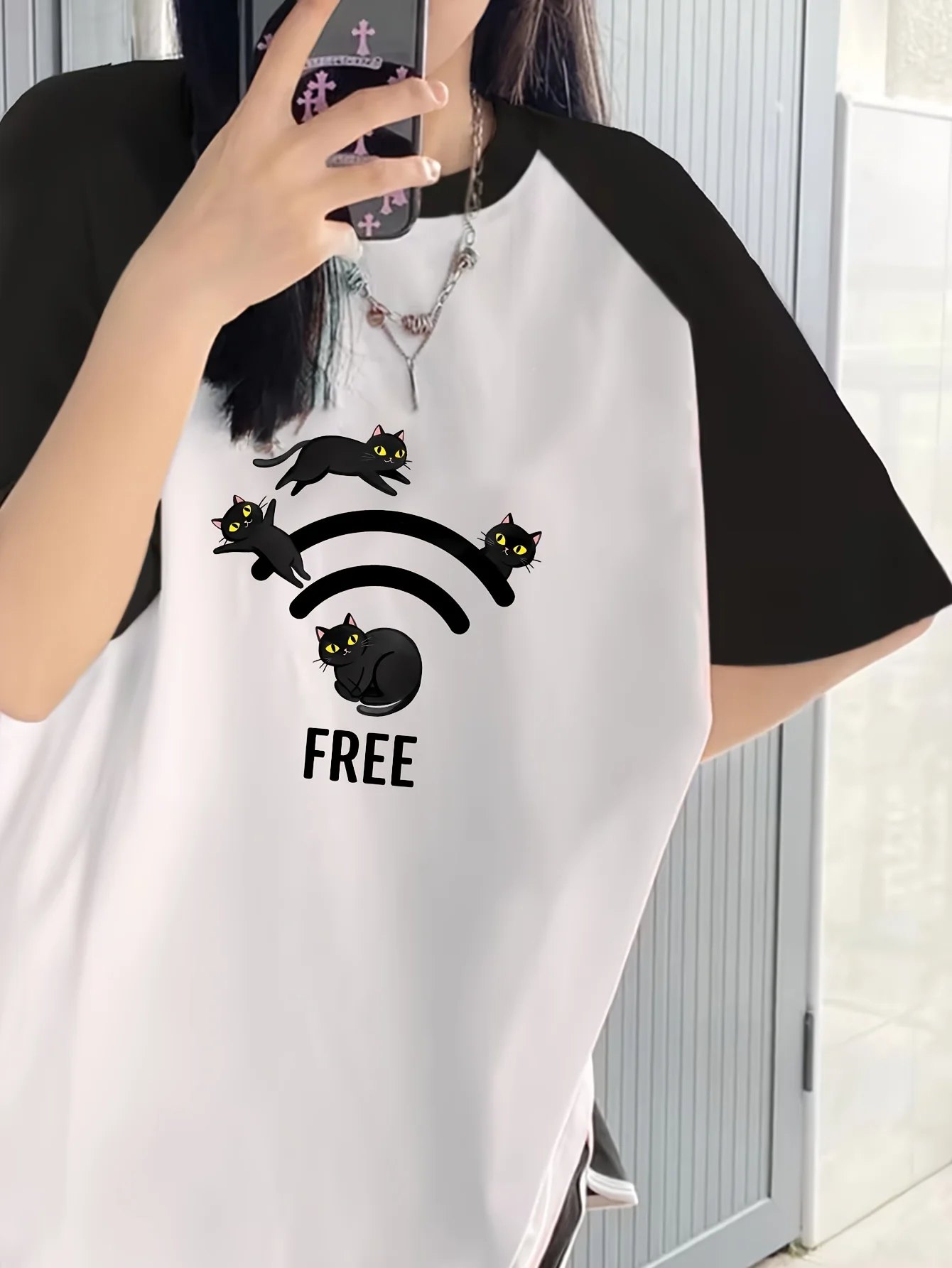 Hobby Cat Wifi Print Raglan Sleeve T-Shirt Women Loose Color Block Short Sleeve Casual Top Summer Raglan Sleeve T-Shirt Female