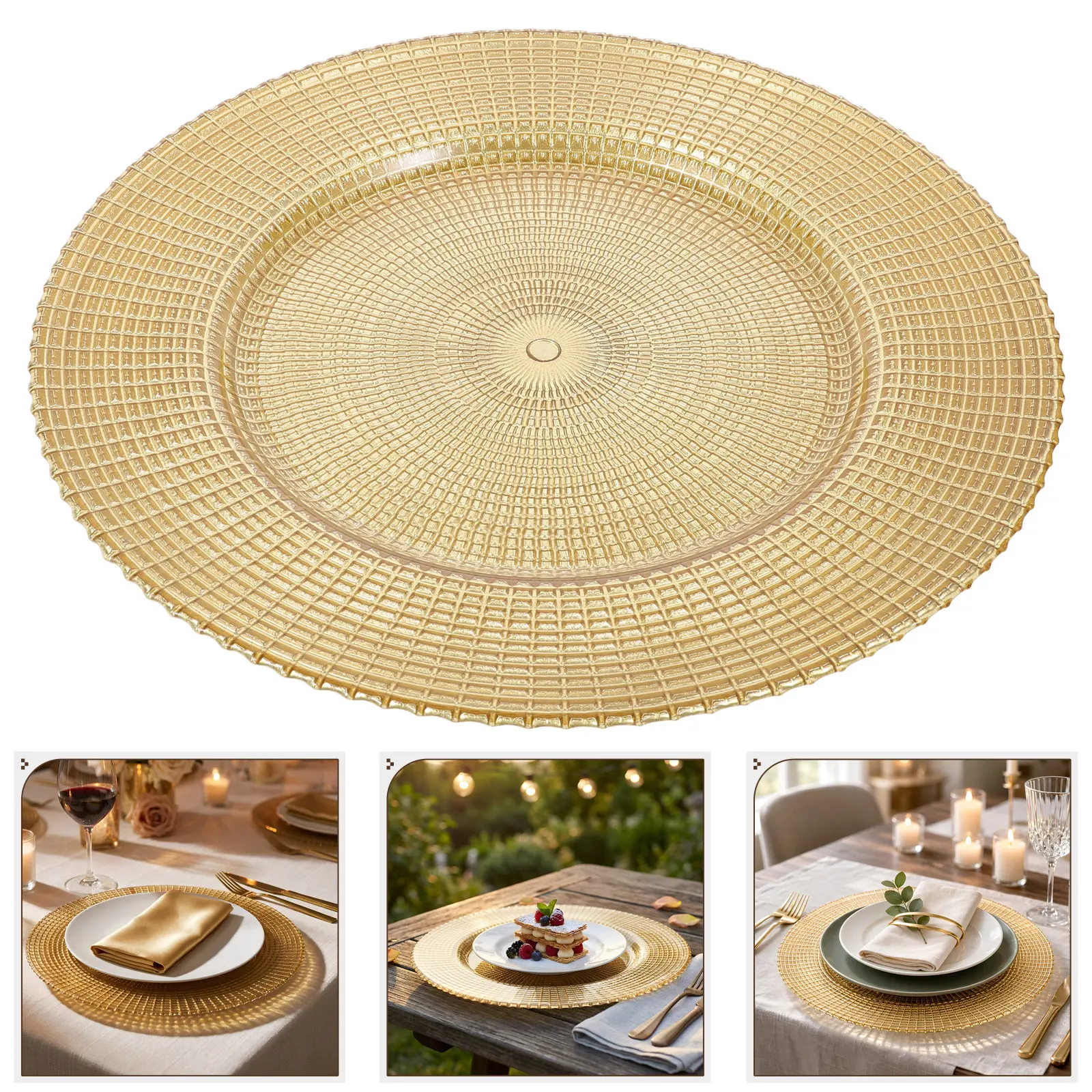 12.7 Inch Round Gold Glass Charger Plates, Decorative Formal Dinner Platter for Wedding Banquet Holiday Party Table Bulk Decor
