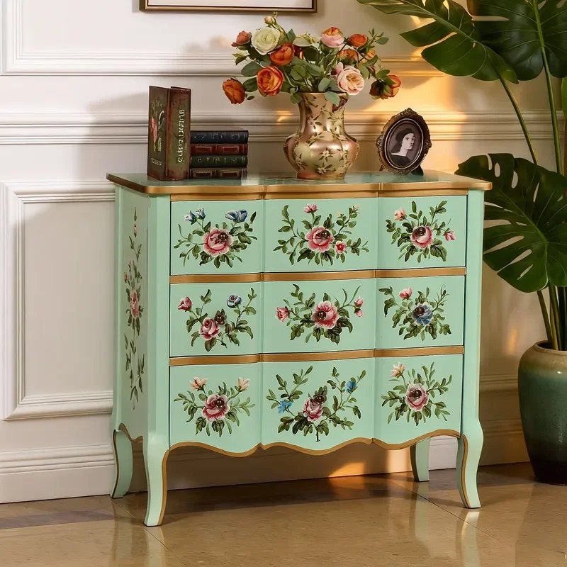 American Retro Hand Painted Flower Three Bucket Cabinet Living Room Storage Shoe Cabinet Entrance Hallway Console Table