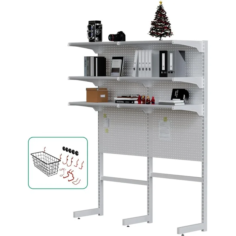 Standing Pegboard Shelf Unit, White Gaming Home Office Garage Cabinets with Metal Pegboard and 15 Pieces Organizer Tool Holders