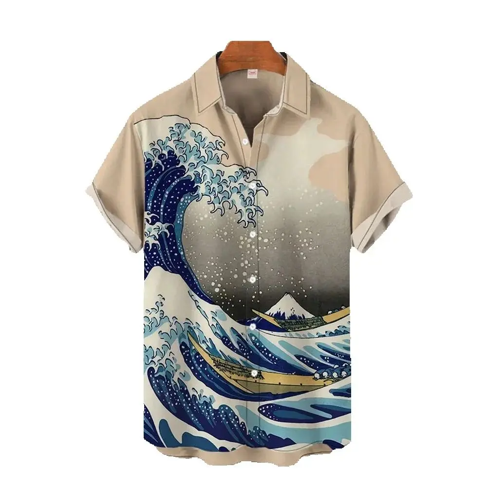 

Ukiyo-E Wave Print Men's Shirts Summer Casual Short Sleeve Shirt Lapel Tops Fashion Oversized Hawaiian Shirts Men T-Shirt 2025