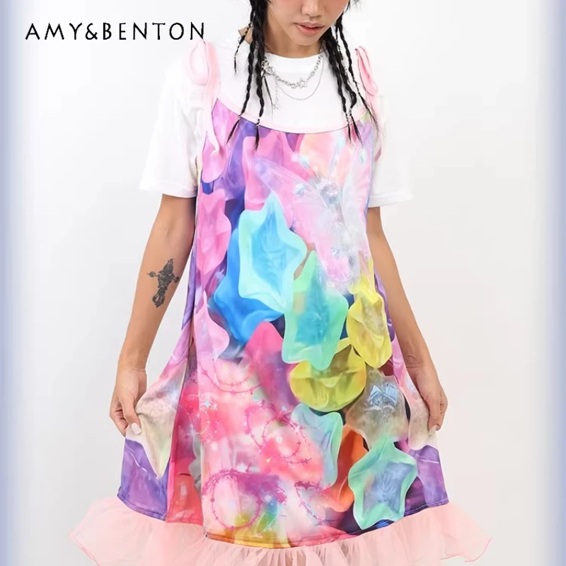 

Japanese Colorful Star Lace Splicing Women's Sling Dress Original Design 2026 Summer Sweet Cool Hot Girl Short Dresses Ladies