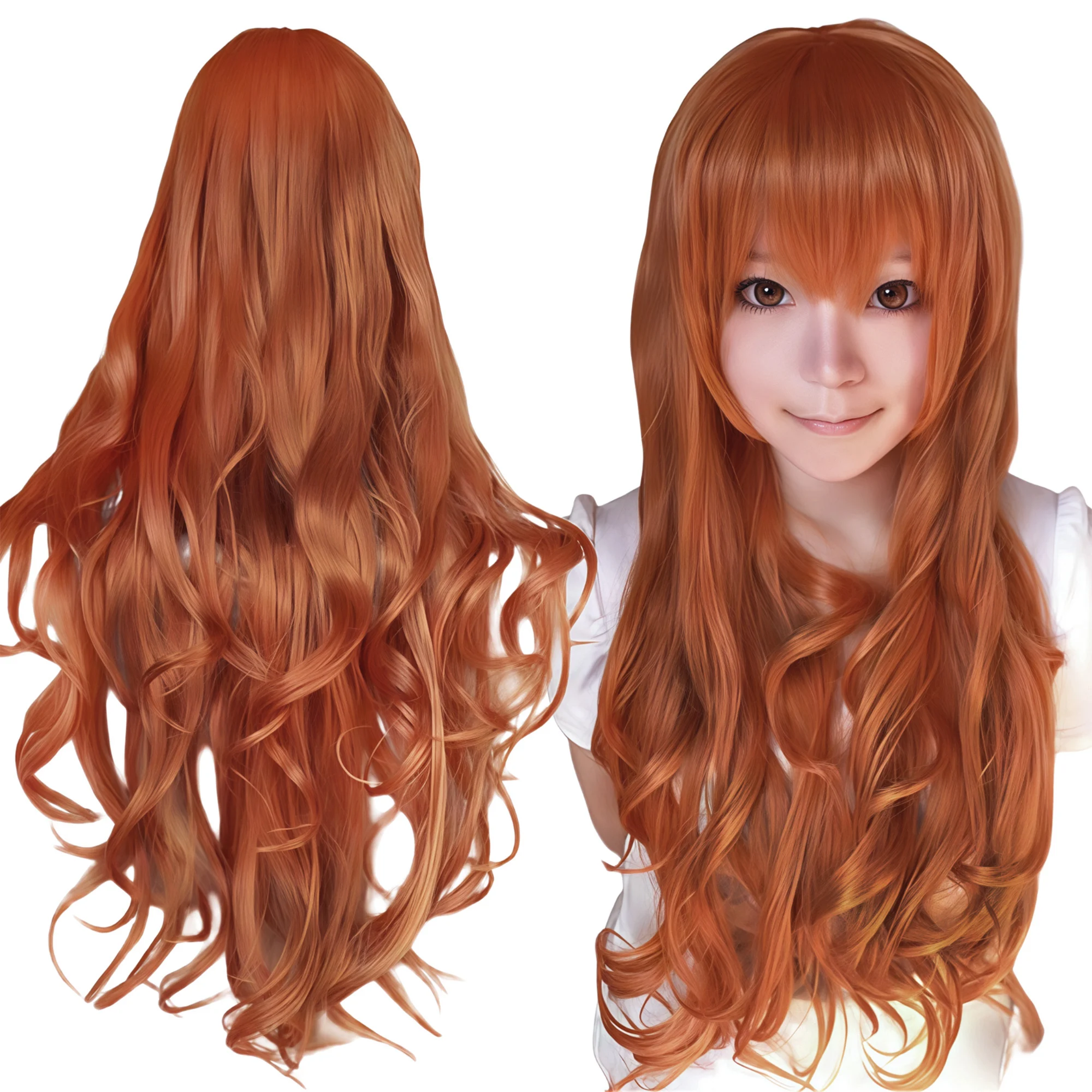 Synthetic Hair Dark Orange Lolita Orihime Inoue Cosplay Wig Curly Anime Wigs Asuka Langley Soryu Halloween Costume Wig for Girl