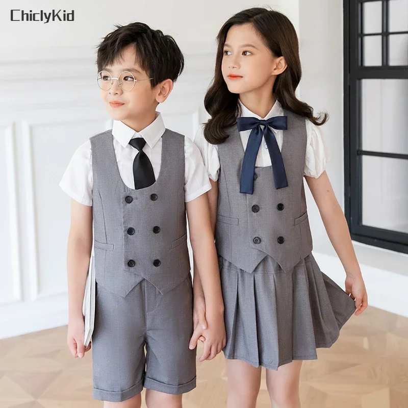 

Boys Summer School Uniform Vest Shirt Shorts Girls Waistcoat Skirts Kids Kindergarten Dress Clothes Sets Child Students Outfits