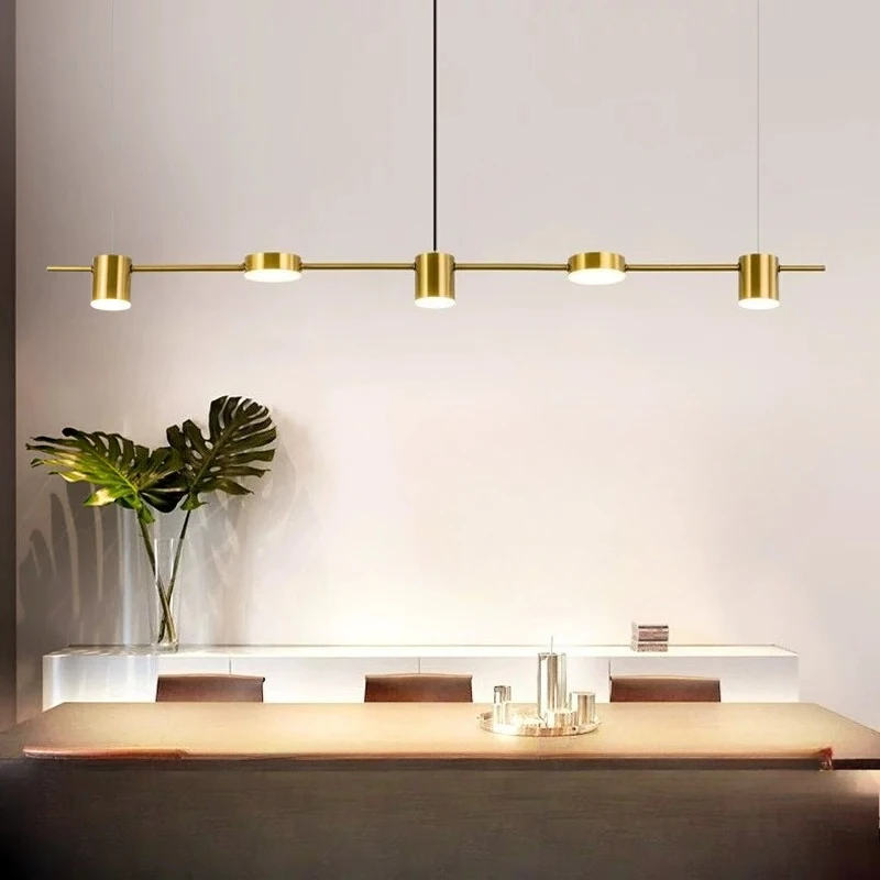 Contemporary Brass Linear LED Pendant Light 5 Light Adjustable Height Hanging Lamp Modern Ceiling Fixture for Dining Room