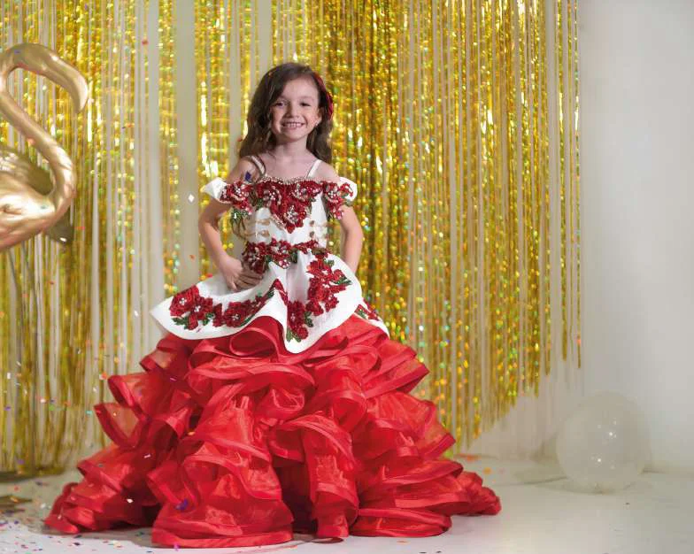 Vestidos Mini Quinceanera vermelhos, vestido de baile, Spaghetti Straps, Apliques Flower Girl Vestidos para Casamentos, Vestidos Mexicanos Pageant para Bebê