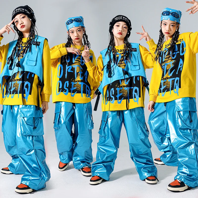 Mädchen Hip Hop Kostüm Street Dance Bühnenoutfit für Kinder Jazz Dance Kleidung Streetwear Gelb Tops Blaue Hosen