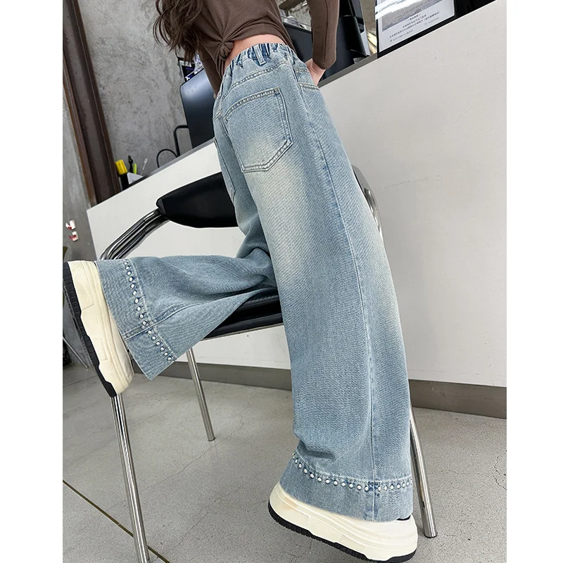 

New Spring Fashion Denim Pants Kids Casual Straight Cut Jeans Trousers 5-14 T Korean Children Loose Fit Jeans For Teenager Girl