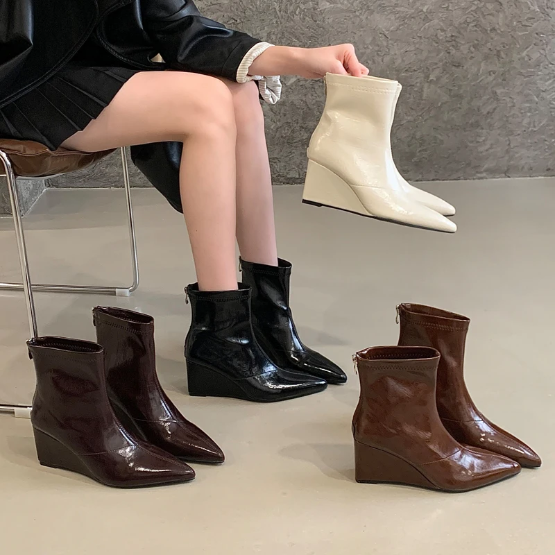 

Shoes Woman zip wedges Ankle Boot fashion pointed toe modern Boots designer leather high heels shoes autumn winter short boots