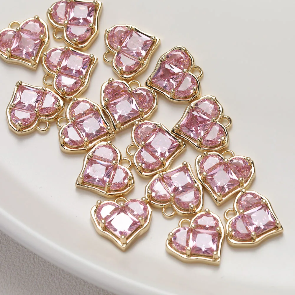 2PCS Sweet Pink Zircon Love Heart Pendant 14K Gold Plated Jewelry Making Supplies For Necklace Accessories