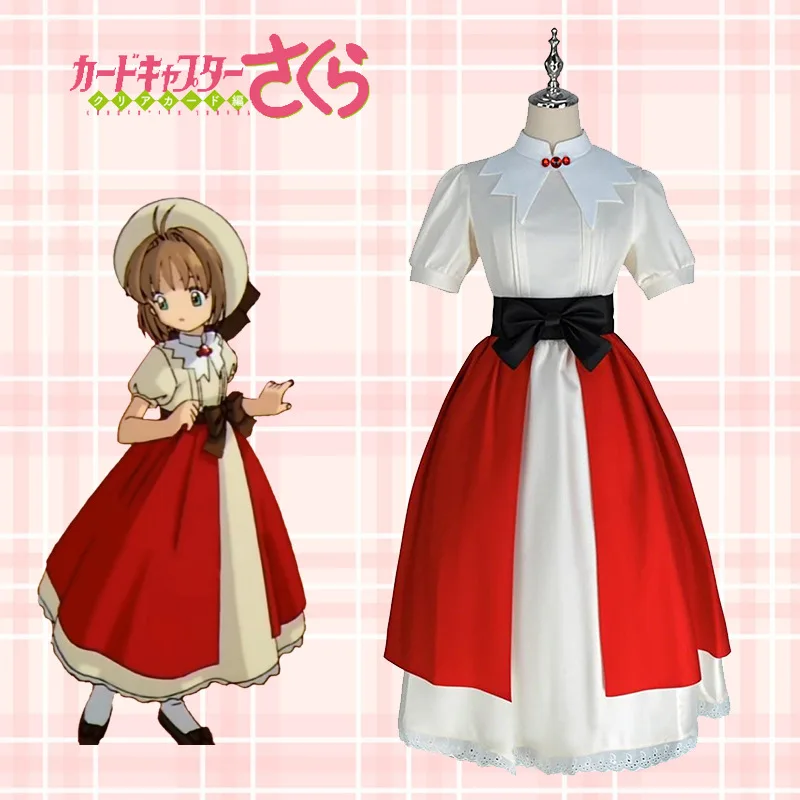 Süßes rot-weißes Kleid mit Puffärmeln für Damen, elegantes Dienstmädchen-Kostüm mit Schleife an der Taille und Spitzenbesatz für Anime-Themenpartys