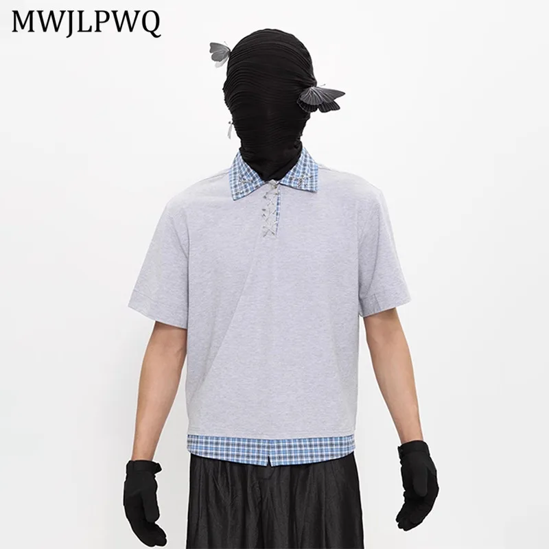 

MWJLPWQ стильная синяя лоскутная футболка из двух предметов, мужские дышащие клетчатые футболки с цветными блоками и короткими рукавами, новые летние топы 11129