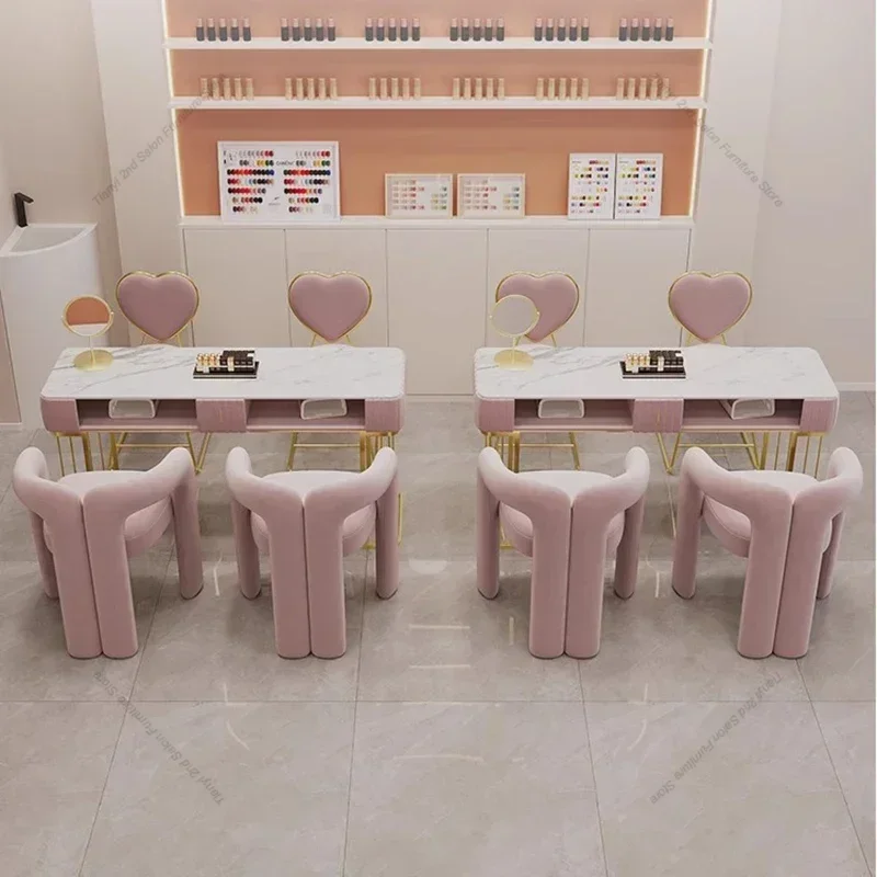 Cream Style Nordic Marble Nail Tables Modern Design Iron Work Artist Dressing Nail Tables Professional Salon Furniture Mesa FYMT