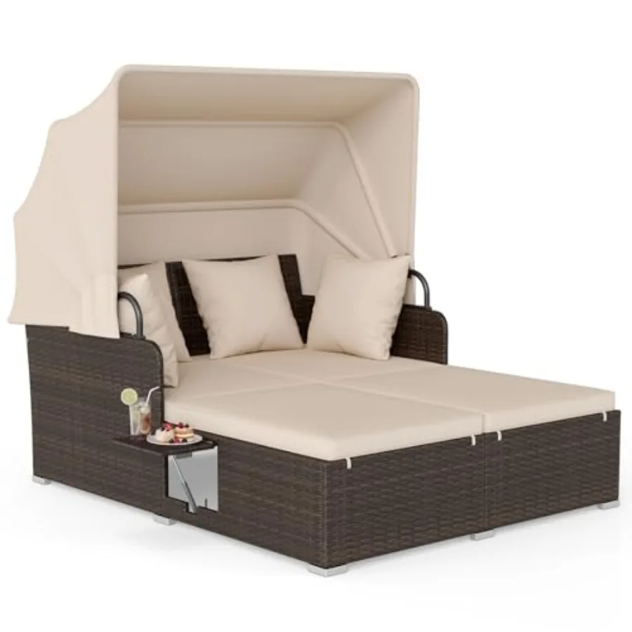 

Outdoor Wicker Lounge Daybed Hand-Woven PE Rattan Patio Loveseat Sofa Set with Retractable Canopy Side Table in Beige Soft Cush