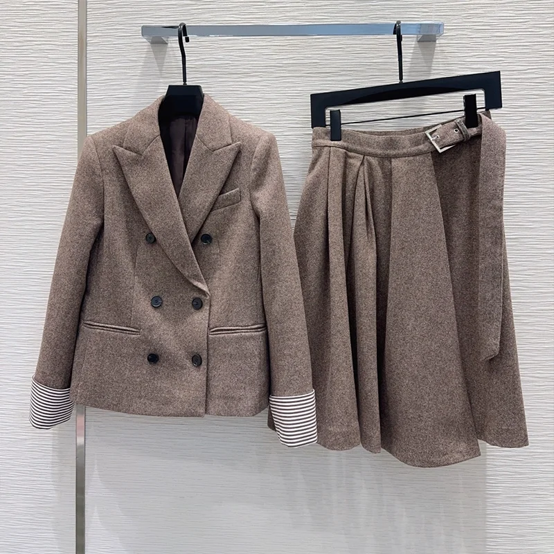 Cappotto blazer in lana twill di alta qualità + gonna midi - Set due pezzi da donna stile Old Money Signora intellettuale 25101175