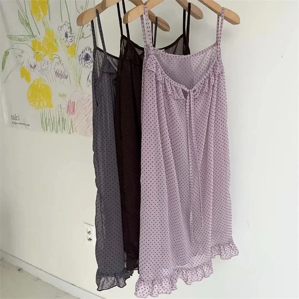Women Polka Dot Chiffon Nightdress Ruffled Spaghetti Strap Sleep Dress Loose Casual Sweet Loungewear Summer Sleepwear for Ladies