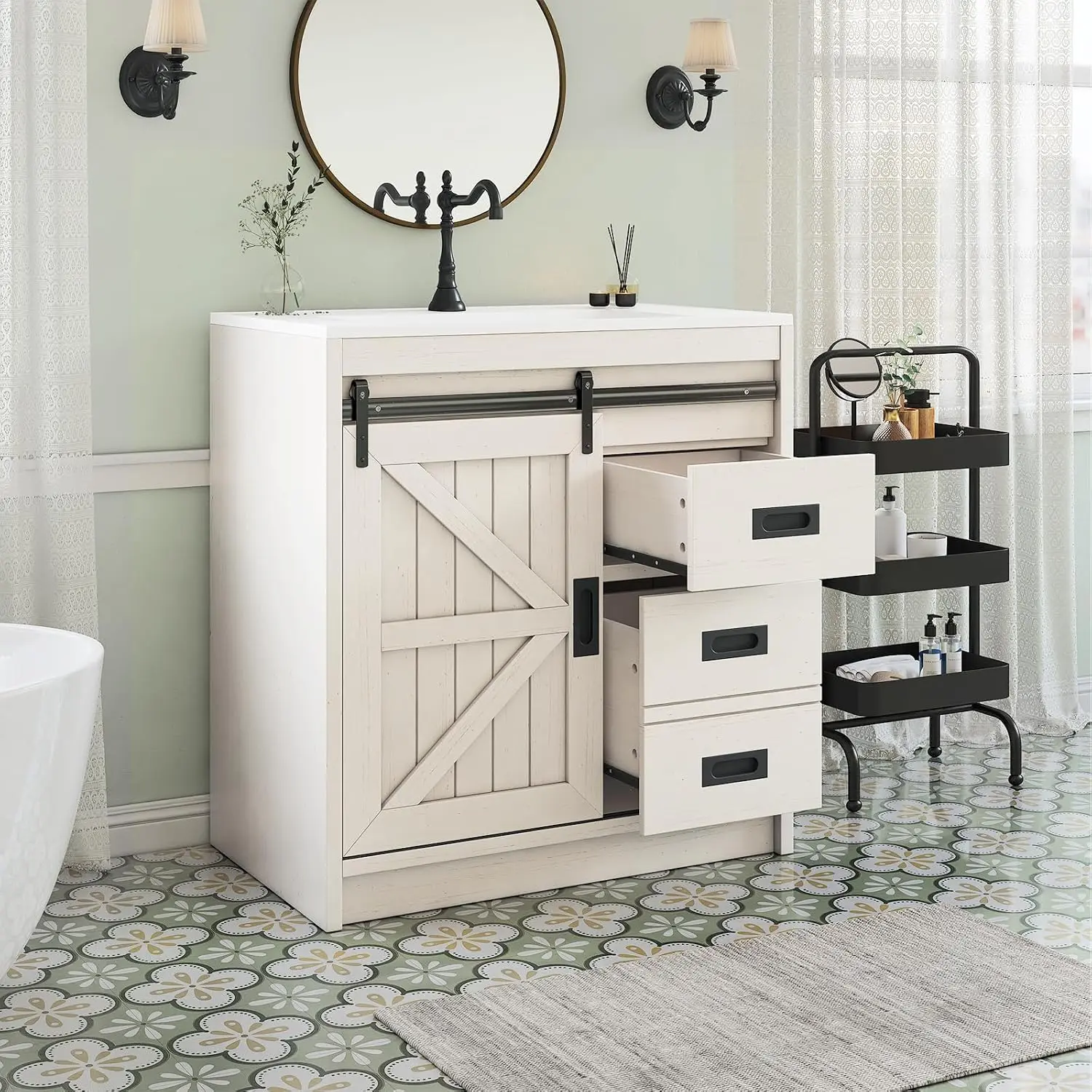 Large Farmhouse Bathroom Vanity With Ceramic Sink Combo, Freestanding Wood Restroom Storage Cabinet Featuring Smooth Sliding Barn Door And Utility Drawers For Small Apartment Home Powder Room, Distressed White