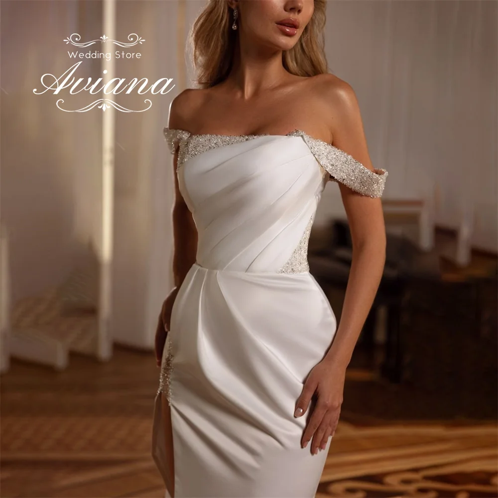 アヴィアナ カスタマイズされたマーメイド ハイ スプリット ビーズ ウェディング ドレス パール スパンコール オフザショルダー フロアレングス コート トレイン フリル 新しい