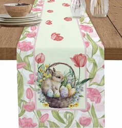 Easter Bunny Egg Tulips Floral Linen Table Runner Dresser Scarves Table Decor Kitchen Dining Table Runner Easter Decorations