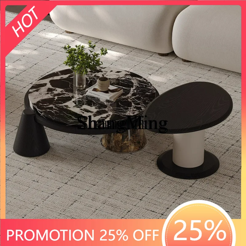 

SM new minimalist log marble round coffee table size combination medium antique black wood grain small apartment tea table