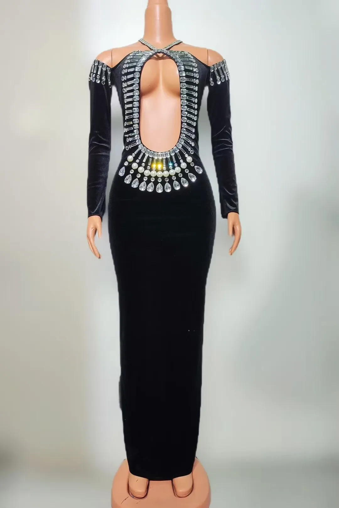 

Sexy Black Velvet Hollow Out Bandage Dress HalterEvening Dress Drag Queen Club Party BirthdaySpecial Ocassion Dress A840