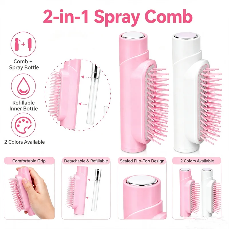 2-in-1 Spray Hair Brush with Built-in Water Mist –Detangling Anti-Frizz Comb, Soft Round Tip Bristles for Scalp Massage,Portable