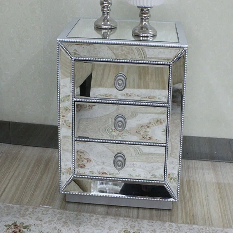 European style mirror glass solid wood silver finish bedside table for bedroom