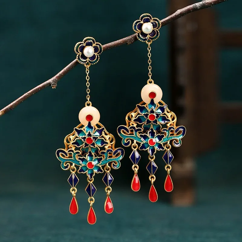 

1 Pair Girls Bead Tassel Earrings gold-plated Drop Earrings Decorative Chinese Style Ear Jewelry Party Dangle Earrings for Women