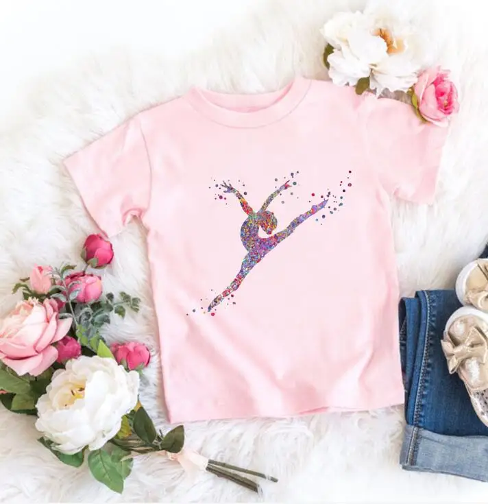 Kids 202375 Summer  Short Sleeve T-Shirts Watercolor Gymnastics Art Graphics Print T-shirt Girls GYM Lover Birthday Gift