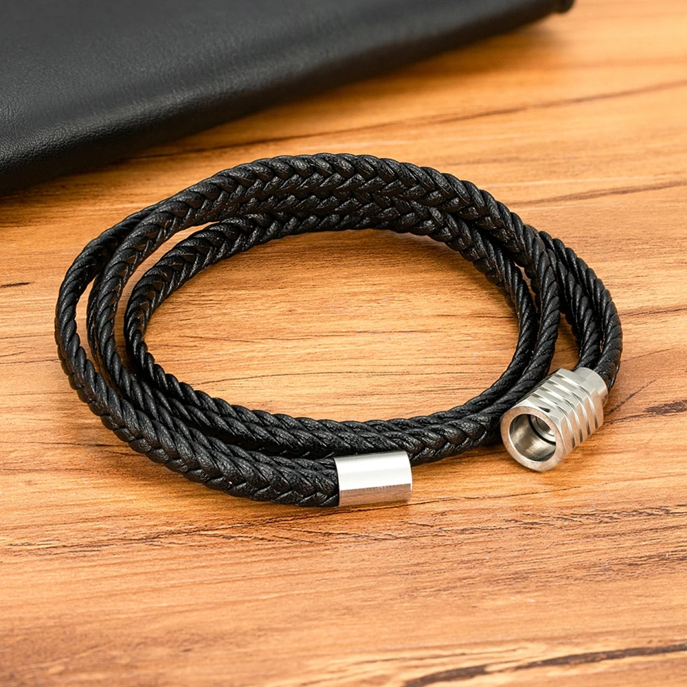 XQNI New Design Two Layers Braided Rope Brown Black Leather Bracelet For Stainless Steel Men Bangles Charm Jewelry Birthday Gift