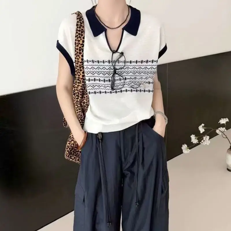 

Women Clothing Summer Fashion Casual Printing Polo Collar Female Office Lady Simplicity Temperament Appear Thin Short Sleeve Top
