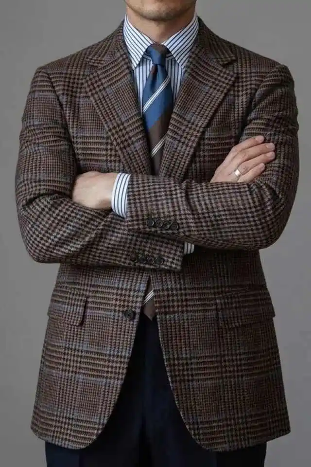 Vintage Men Blazer Jacket Brown Check Woven Peak Lapel Outerwear Slim Fit Attire For Corporate Event Daily Commute Customized