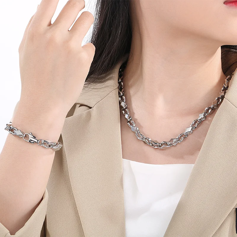 KALEN Vintage Rhombic Chain Bracelet Necklace for Men Women Punk Stainless Steel Jewelry Set Hollowing Chain Accessories Gift