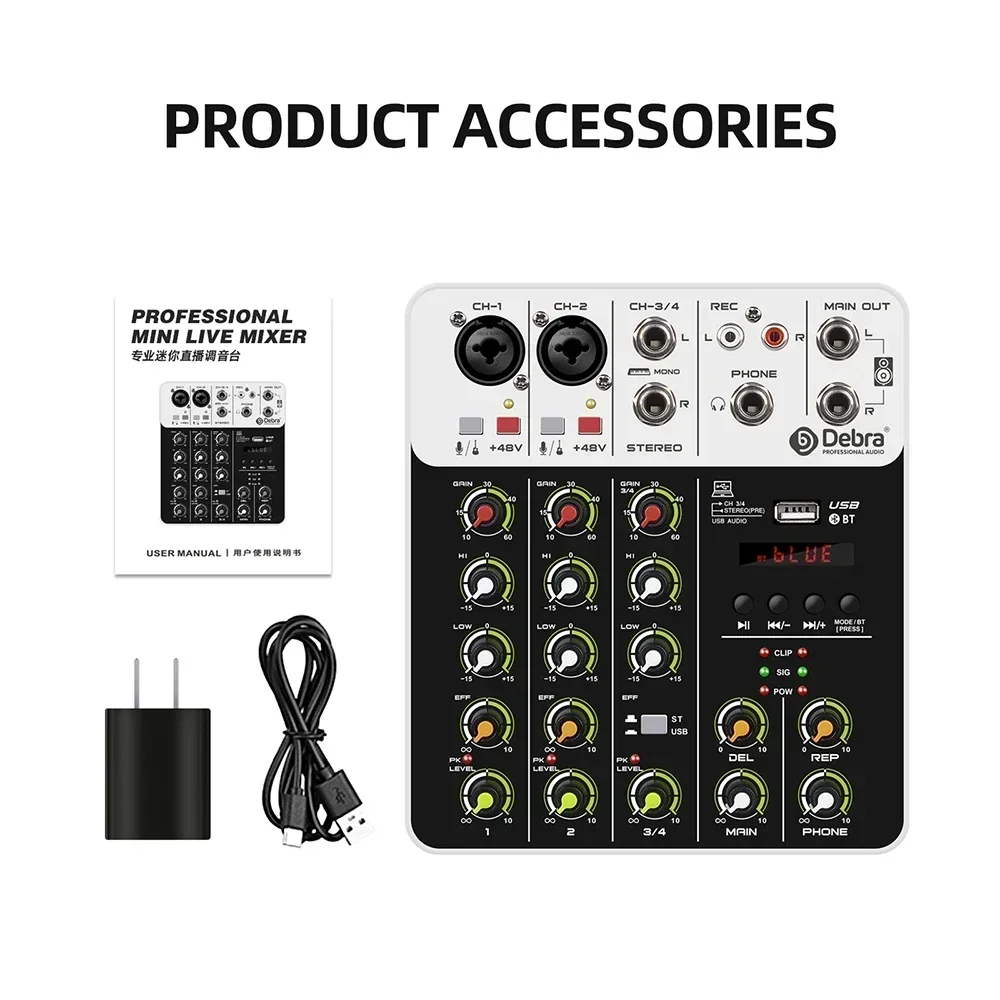 

4 Channels Audio Mixer Bluetooth USB Record Computer DJ Console Mixing 48V Phantom Power Delay Repaeat Effect V4 Sound Mixers