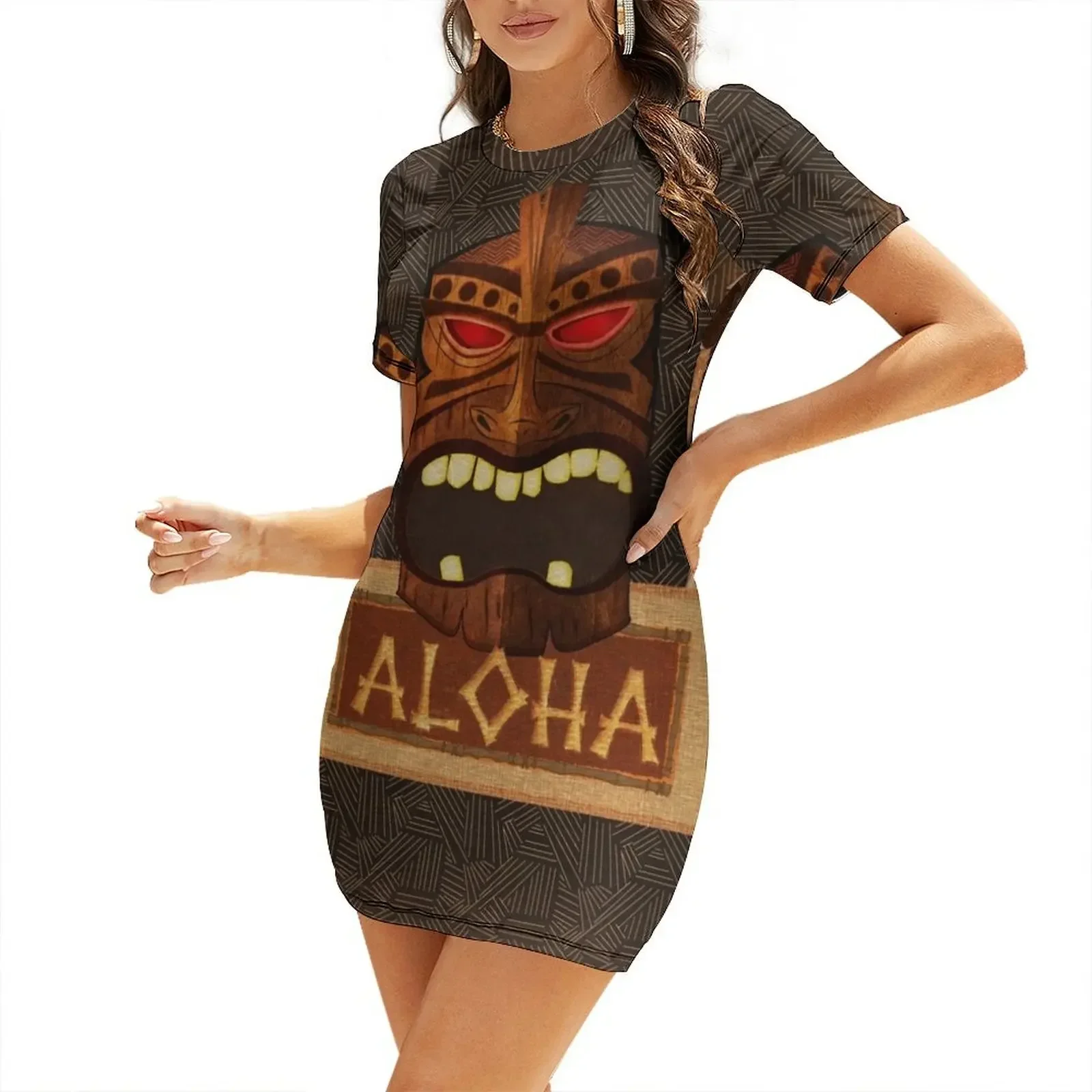 

Vintage Wood Tiki Aloha Short-Sleeved Dress summer dresses women 2026 women's clothing trend 2026