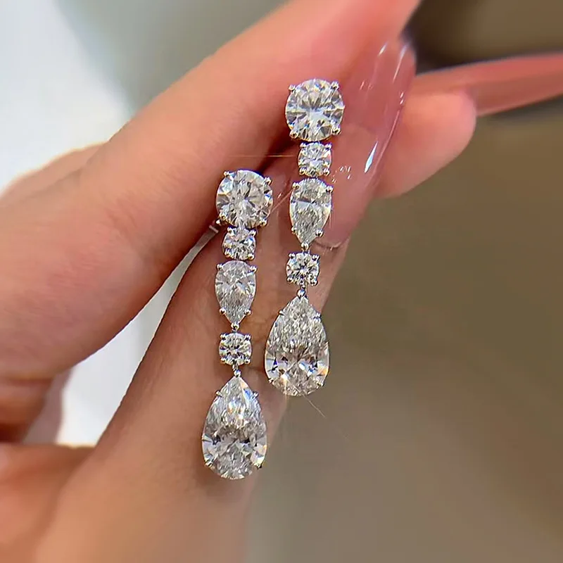 New 100% S925 Silver Fashion Style Banquet Long Style 8 * 12mm Water Drop Earrings Elegant Women's Earrings Wedding Jewelry
