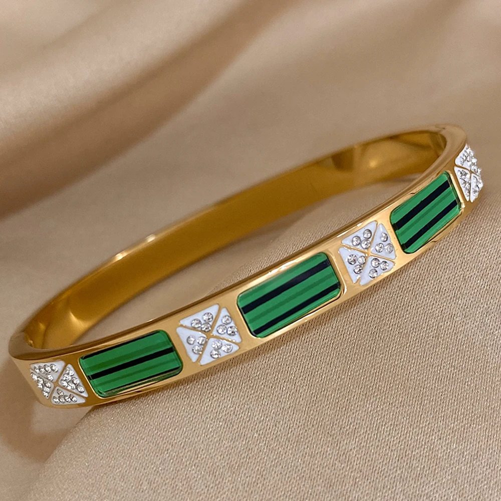 AENSOA New Trendy Malachite Inlaid Zircon Stainless Steel Bracelets Bangles for Women Elegant Charm Thin Wrist Fashion Jewelry