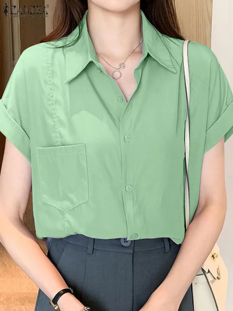 ZANZEA-Blusa de trabajo de manga corta con cuello de solapa para Mujer, camisa elegante de oficina lisa, Blusas informales con botones, Tops para Mujer 2024