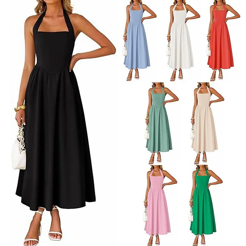 Women's Sleeveless Halter Neck Off Shoulder Ruched High Waist Pocket Dress Dresses Spring Summer