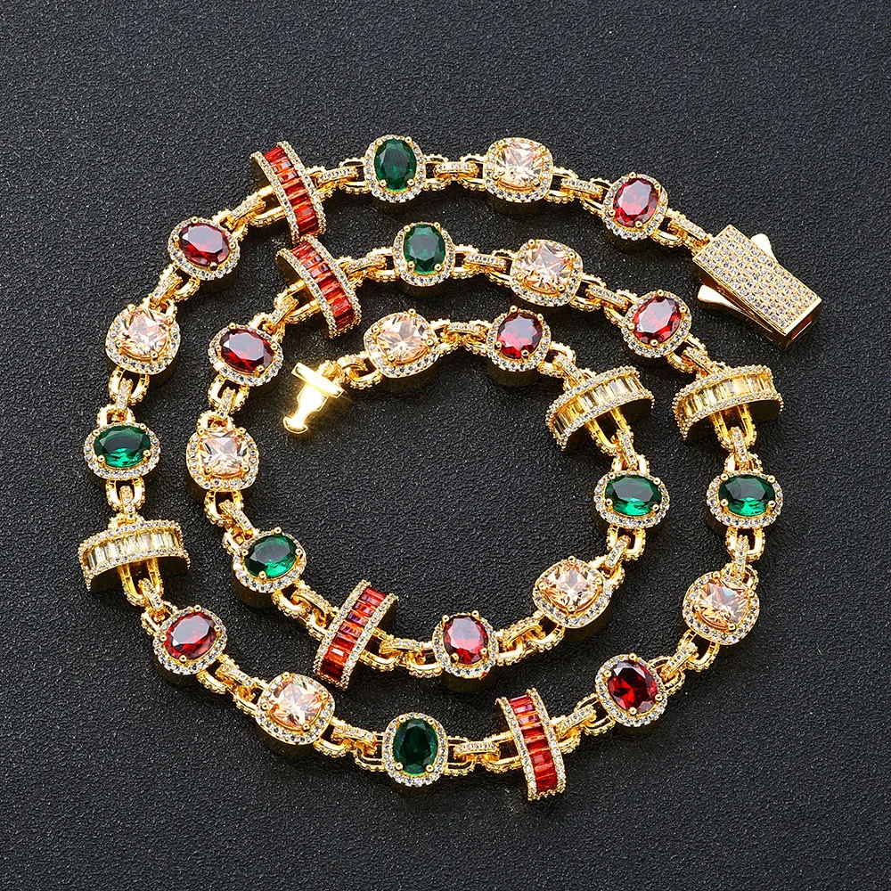 Gorgeous Mixed Gemstone Tennis Chain 5A CZ Gem 18K Gold Plated Vintage Multi Colored Jewelry Necklace for Women Men