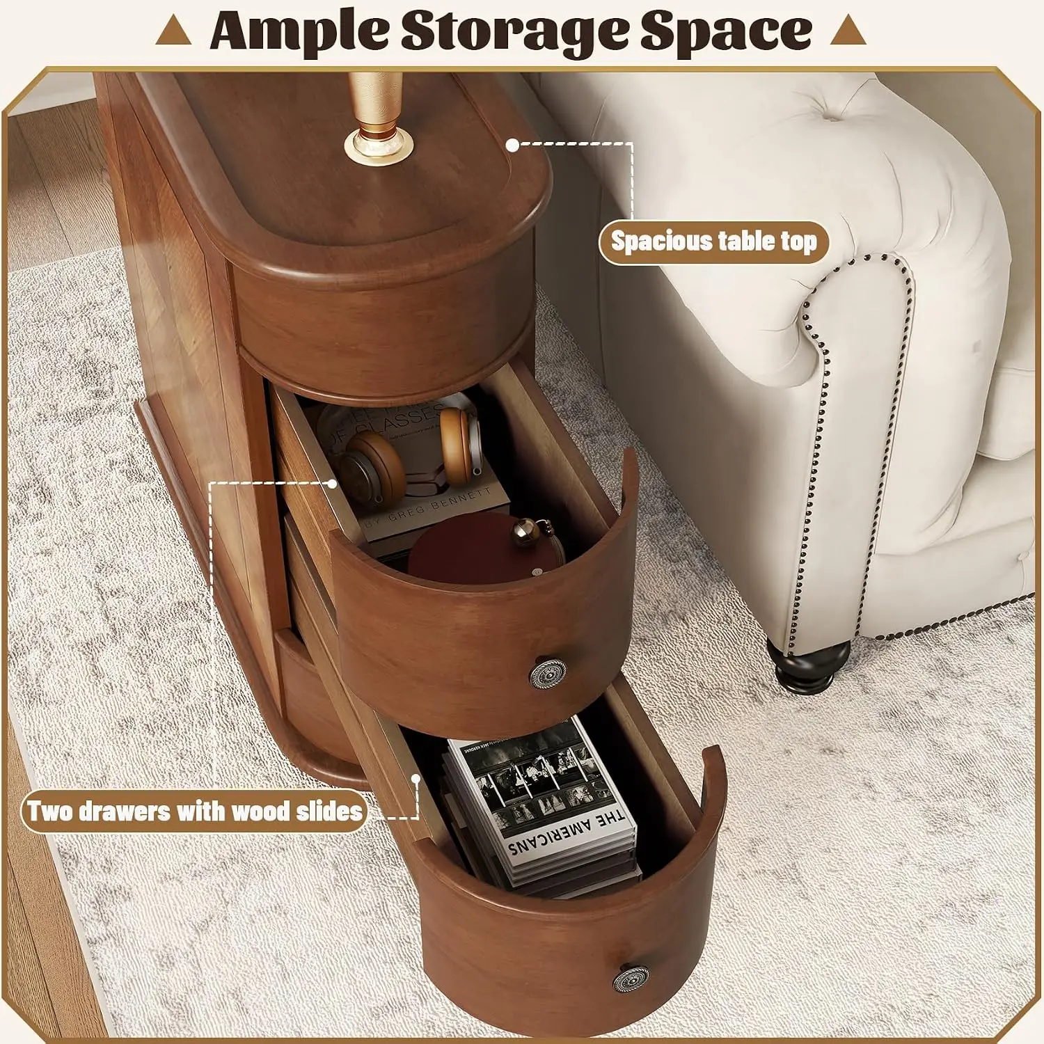 Narrow End Table with Charging Station, Wood Side Table with Drawers for Small Spaces, Long Nightstand with Storage, Slim Bedsid