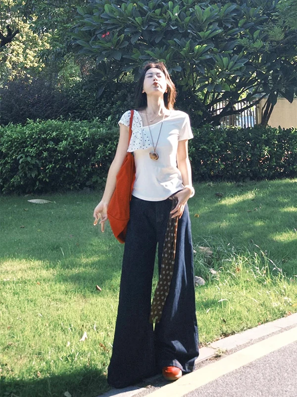 

Американская винтажная джинсовая юбка с высокой талией и драпировкой, женская летняя юбка 2025, новые свободные прямые широкие брюки длиной до пола