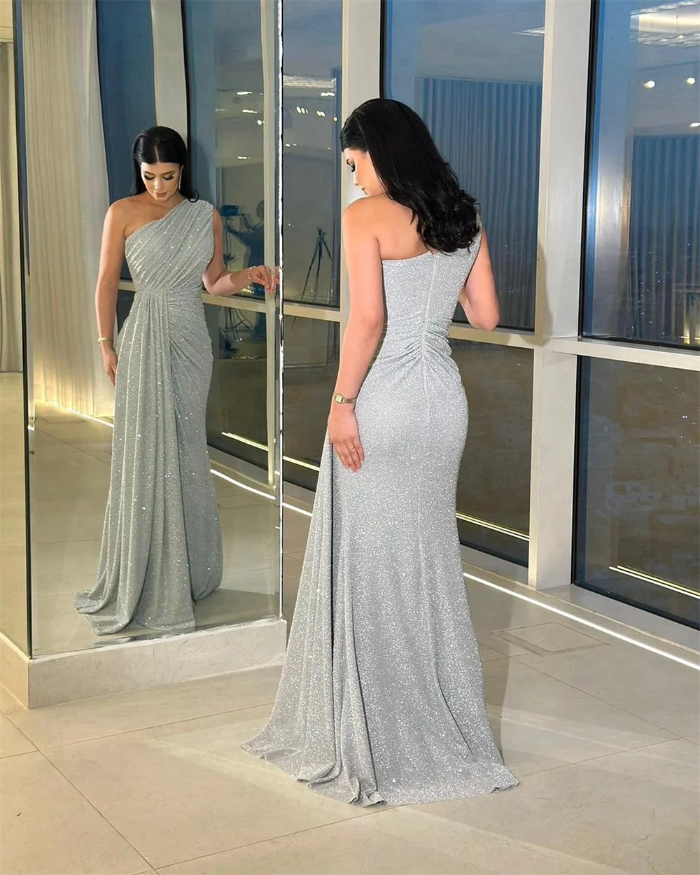 콘테사 두바이 커스텀 글리터리 프롬 드레스 우아한 원숄더 이브닝 드레스 컬럼 러플 오버스커트 포멀 이브닝 드레스