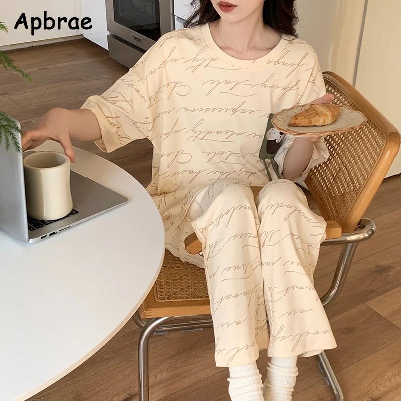 Cute Bear Print Pajamas for Women Fashion Soft Pajama Sets Short Sleeves Long Pants Cartoon Pijamas Round Collar Sleepwear