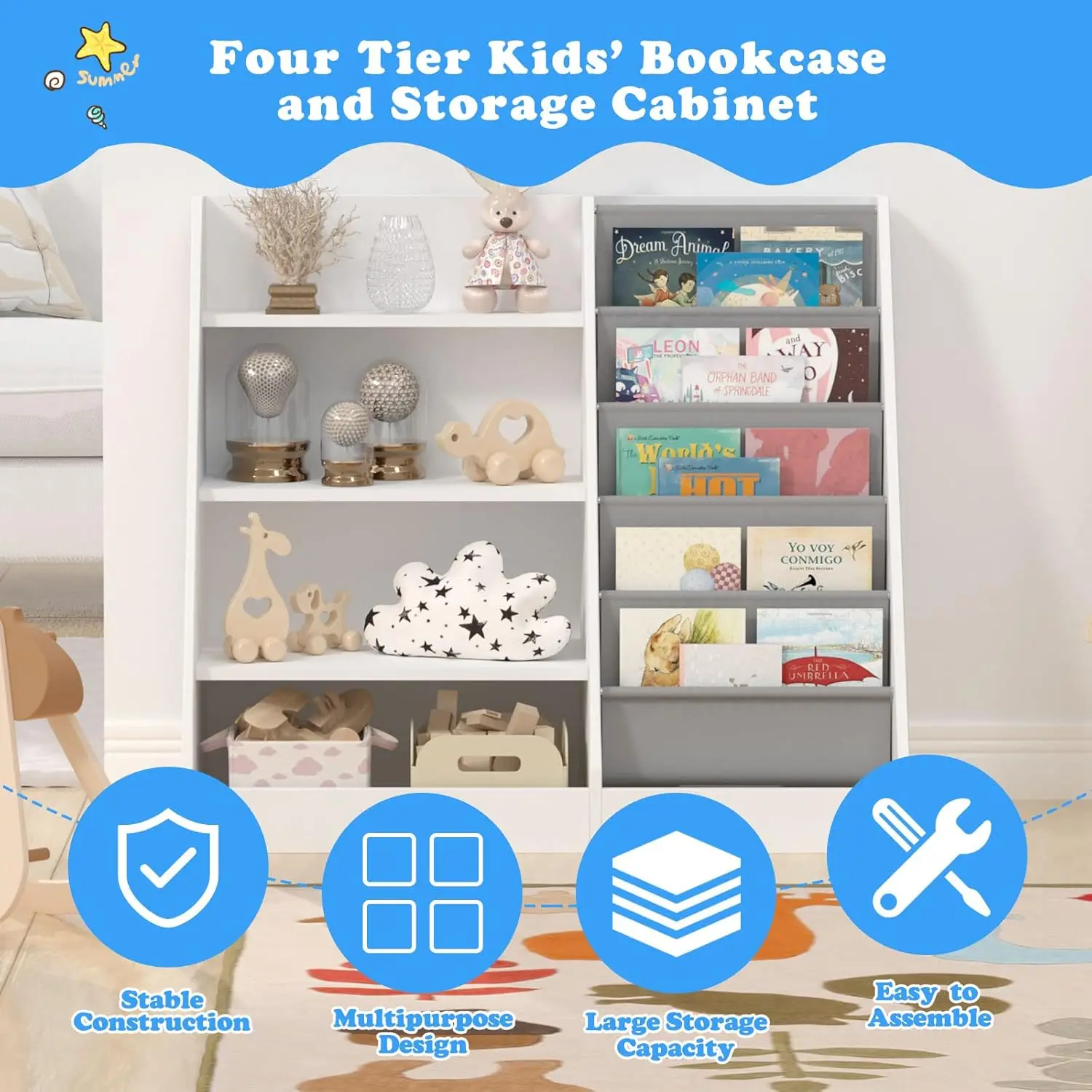 Kids Wooden Bookshelf, 5 Layer Sling Toddler  Storage Book and Toy Organizer  Book