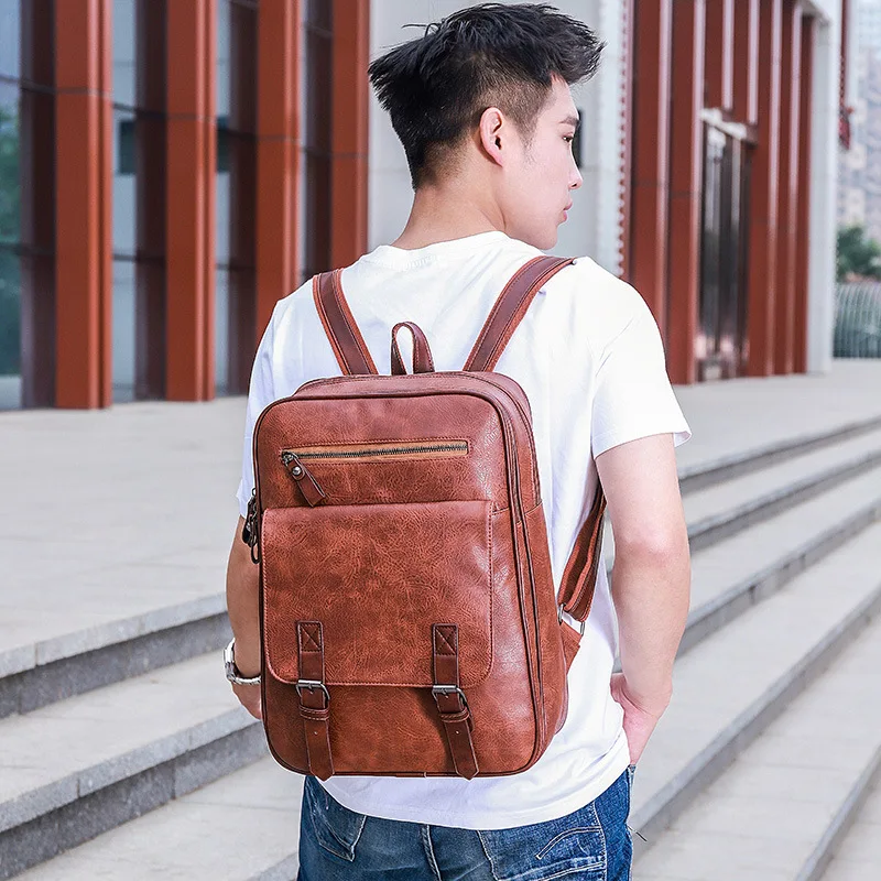 Vintage PU Leather Men Backpack Large Capacity Student School Bags For Boys Fashion Laptop Bag Man Sports Travel Backpack