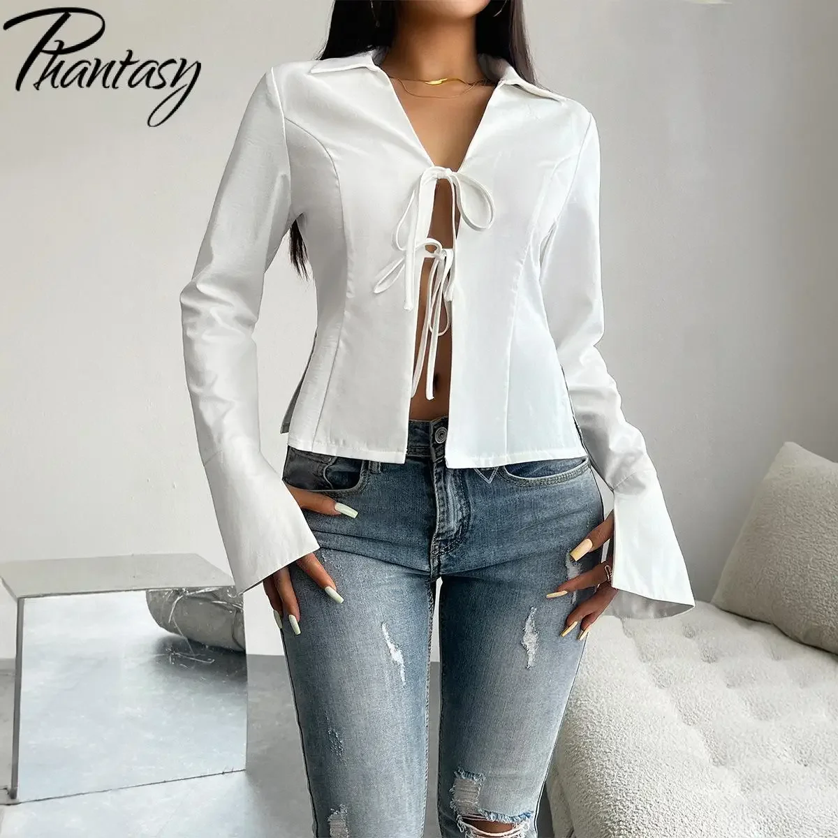 

Phantasy White Lace-Up Blouse Women Slim Cardigan Long Sleeved Shirt Collar Tops Fashion Casual Cardigan Autumn Female Clothing
