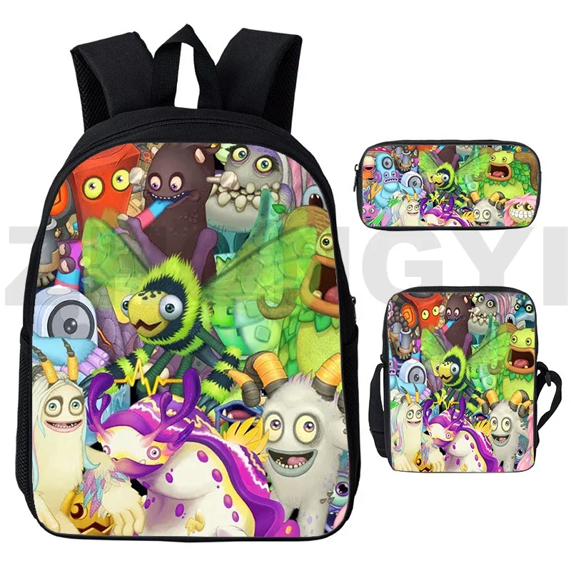 Styl Preppy 3D My Singing Monsters gra plecak 3 sztuk/zestaw Anime Travel Laptop mężczyźni Mochila 12/16 Cal dla dzieci Cartoon School Bags