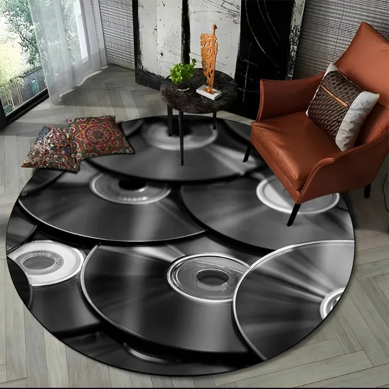 3D Vinyl Record Music DJ Tape HD Round Area Rug Carpet Fashion Rug for Living Room Bedroom Sofa Playroom Decor Non-slip Floormat
