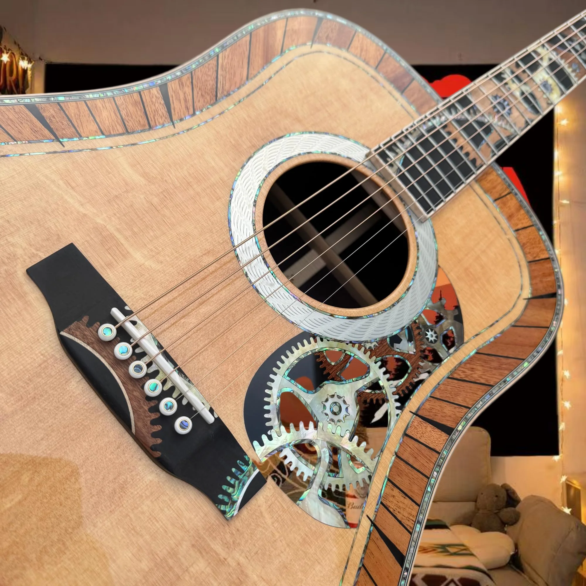 Hot sale D-200 Steam Gear Acoustic Guitar Solid Wood Bear Claw Pattern Spruce Panel Carving Knob Era Setting Collection